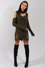 Khaki High Neck Cut Out Distressed Jumper Dress - Jamie