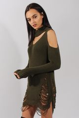 Khaki High Neck Cut Out Distressed Jumper Dress - Jamie