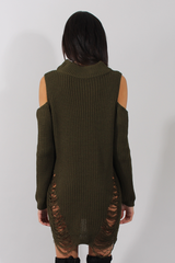 Khaki High Neck Cut Out Distressed Jumper Dress - Jamie