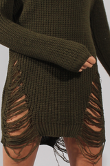 Khaki High Neck Cut Out Distressed Jumper Dress - Jamie