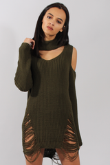 Khaki High Neck Cut Out Distressed Jumper Dress - Jamie