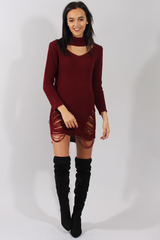 Wine High Neck Cut Out Distressed Jumper Dress - Adalyn