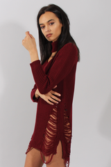 Wine High Neck Cut Out Distressed Jumper Dress - Adalyn