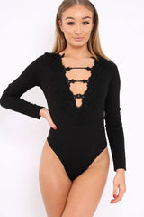 Black Embroidered Print Bodysuit - Addilee