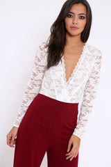 White Plunge Keyhole Back Lace Bodysuit - Adelaide