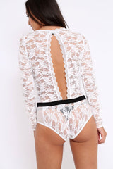 White Plunge Keyhole Back Lace Bodysuit - Adelaide