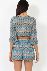 Blue Zig Zag Crochet Tie Front Co-ord - Adele