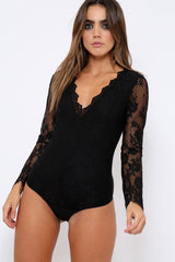 Black Plunge Lace Bodysuit - Adele