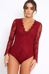 Wine Plunge Lace Bodysuit - Adele