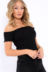 Black Ribbed Frill Hem Bardot Crop Top - Adelle