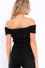 Black Ribbed Frill Hem Bardot Crop Top - Adelle