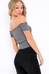 Grey Ribbed Frill Hem Bardot Crop Top - Adelle