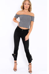 Grey Ribbed Frill Hem Bardot Crop Top - Adelle