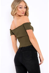 Khaki Ribbed Frill Hem Bardot Crop Top - Adelle