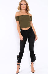 Khaki Ribbed Frill Hem Bardot Crop Top - Adelle