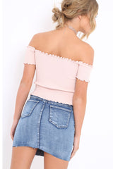 Nude Ribbed Frill Hem Bardot Crop Top - Adelle