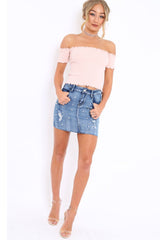 Nude Ribbed Frill Hem Bardot Crop Top - Adelle