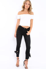 White Ribbed Frill Hem Bardot Crop Top - Adelle