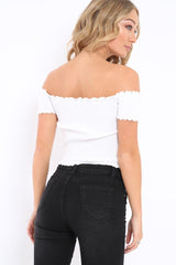 White Ribbed Frill Hem Bardot Crop Top - Adelle