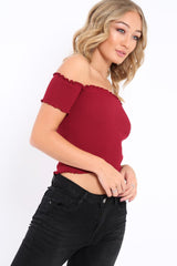 Wine Ribbed Frill Hem Bardot Crop Top - Adelle