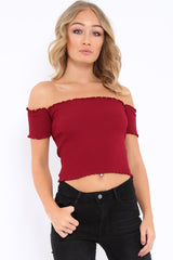 Wine Ribbed Frill Hem Bardot Crop Top - Adelle