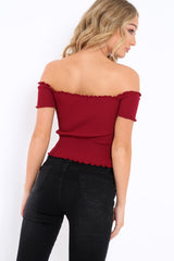 Wine Ribbed Frill Hem Bardot Crop Top - Adelle