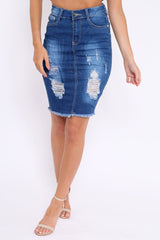 Blue Denim Distressed Pencil Skirt - Adely