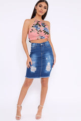 Pink Floral Halterneck Backless Crop Top - Aarin