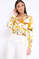 White and Gold Baroque Print Tie Front Crop Top - Aden