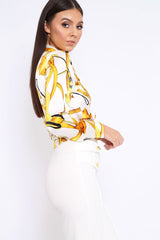 White and Gold Baroque Print Tie Front Crop Top - Aden