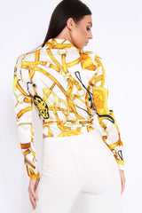 White and Gold Baroque Print Tie Front Crop Top - Aden