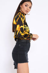 Black and Gold Baroque Print Tie Front Crop Top - Aden