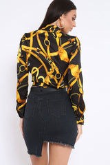 Black and Gold Baroque Print Tie Front Crop Top - Aden