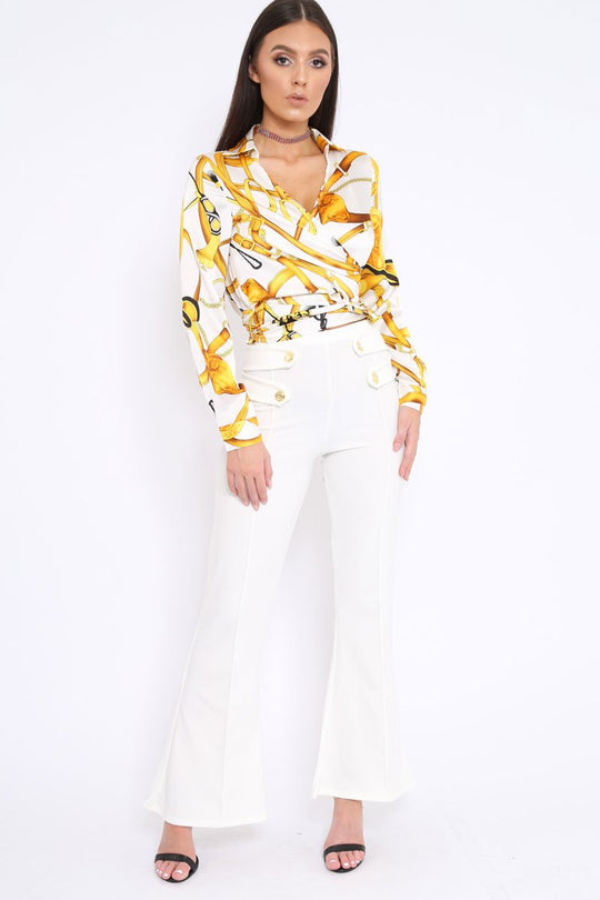 White and Gold Baroque Print Tie Front Crop Top - Aden