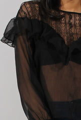 Black Lace Frilled Sheer Top - Linda