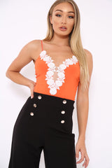 Orange Slinky Bodysuit with Floral Embroidery - Adila