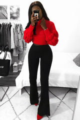 Red Knitted Puff Arm High Neck Jumper - Lola