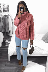Mauve Cable Knit High Neck Oversized Jumper - Kiyla