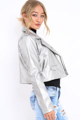 Silver Metallic Leather Jacket - Adrienne