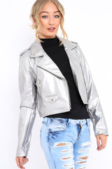 Silver Metallic Leather Jacket - Adrienne
