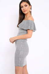 Houndstooth Bardot Ruffle Bodycon Dress - Adrina