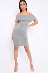Houndstooth Bardot Ruffle Bodycon Dress - Adrina