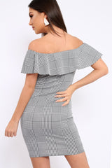 Houndstooth Bardot Ruffle Bodycon Dress - Adrina