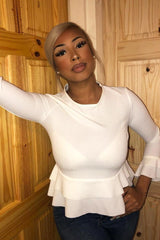 White Peplum Frill Long Sleeve Top - Fari