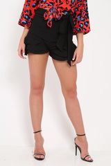 Black Ruffle Trim Belted Shorts - Afra
