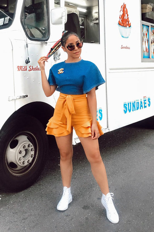 Yellow Ruffle Trim Belted Shorts - Afra