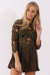 Khaki Floral Crochet Playsuit - Agatha