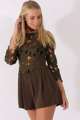 Khaki Floral Crochet Playsuit - Agatha
