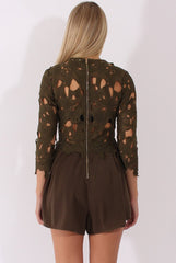 Khaki Floral Crochet Playsuit - Agatha