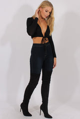Black Plunge Drawstring Crop Top - Aggie
